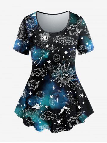 Plus Size Galaxy Sun Star Cloud Print T-shirt - DEEP BLUE - L