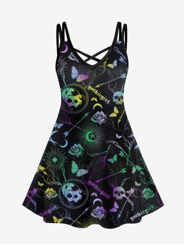 Gothic Galaxy Skull Butterfly Flower Print Crisscross Cami Dress - BLACK - 2X