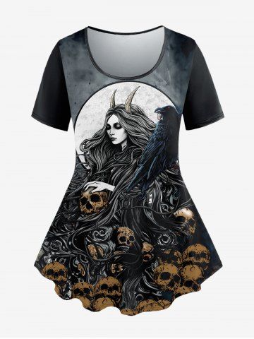 Gothic Demon Girl Skull Eagle Print T-shirt - BLACK - XS