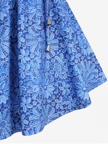 Plus Size Flower Print Chain Panel Ruched Lace Up T-shirt