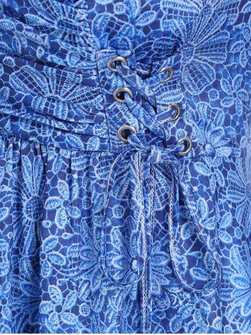 Plus Size Flower Print Chain Panel Ruched Lace Up T-shirt