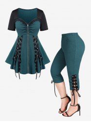 Lace Up Ruched Zipper Lace Insert T-shirt and Capri Pants Plus Size Outfits -  