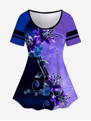 Plus Size Ombre Colorblock Flower Print T-shirt -  