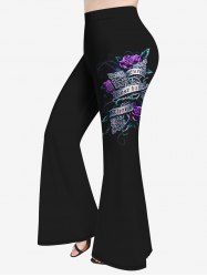 Pantalon Évasé Imprimé Lettre Floral Grande Taille - Noir 6X