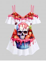 Gothic Skull Strawberry Bloody Print Cold Shoulder T-shirt -  
