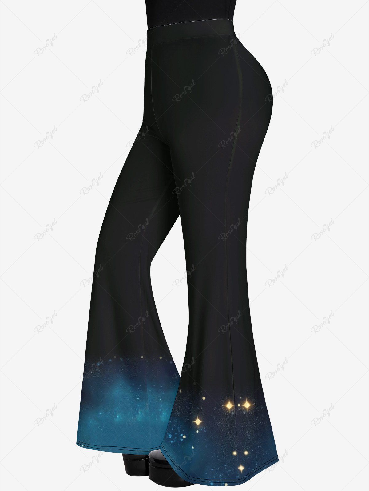 Pantalon Évasé Imprimé Galaxie Gothique à Paillettes Noir 5X