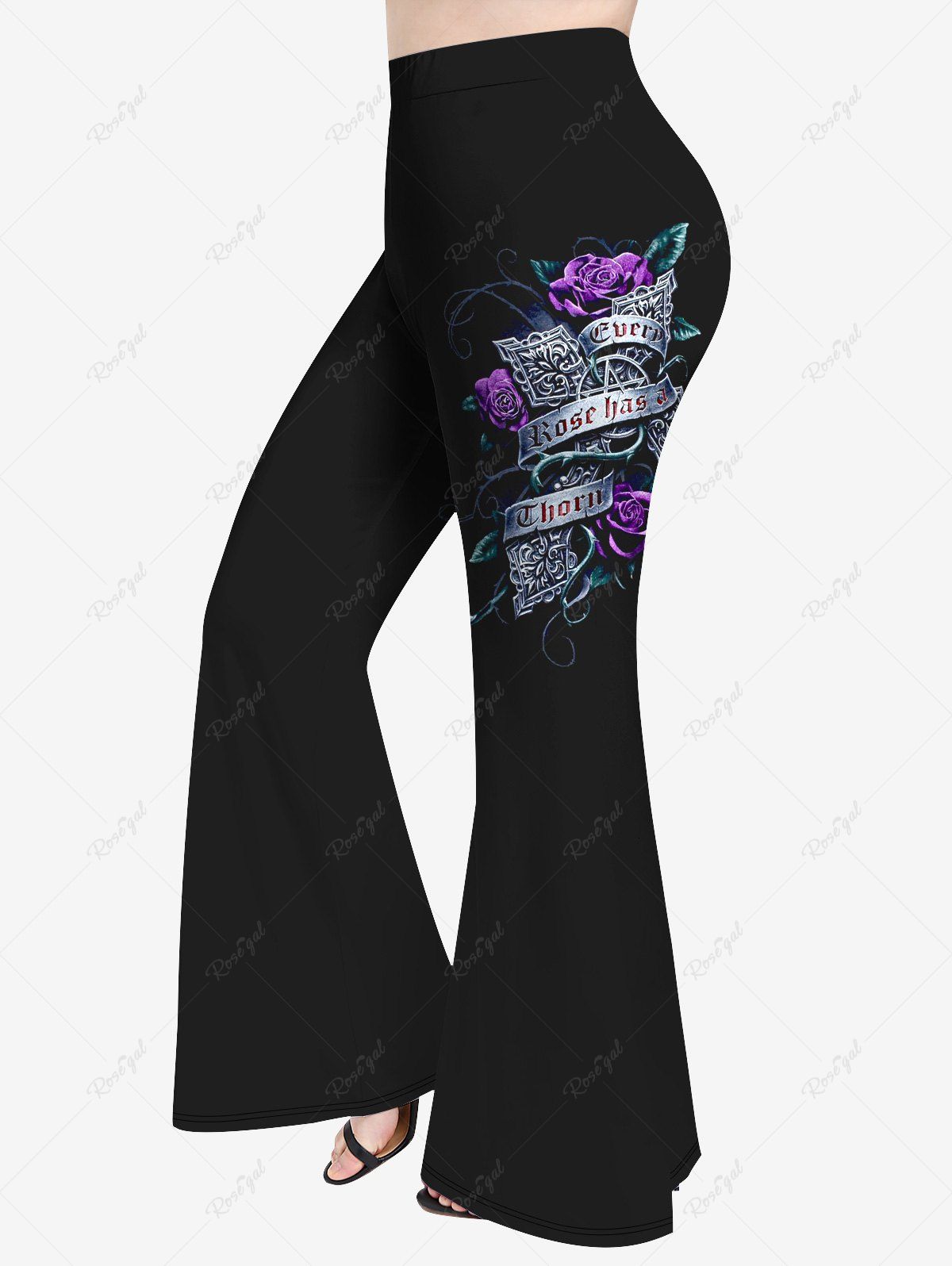 Pantalon Évasé Imprimé Lettre Floral Grande Taille Noir 6X