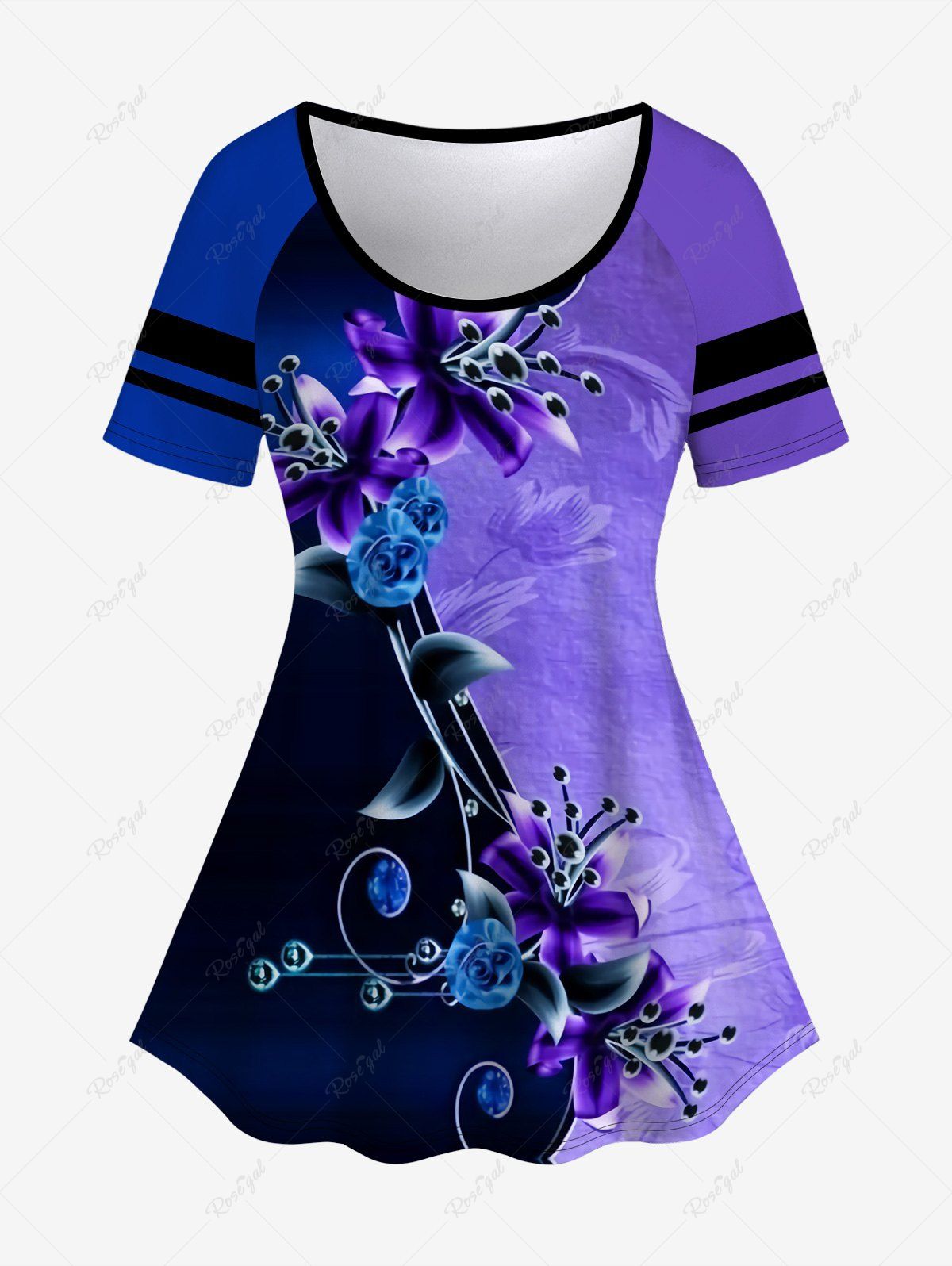 Fashion Plus Size Ombre Colorblock Flower Print T-shirt  