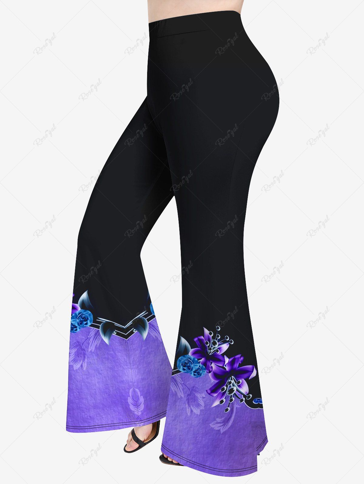 Hot Plus Size Colorblock Flower Print Flare Pants  