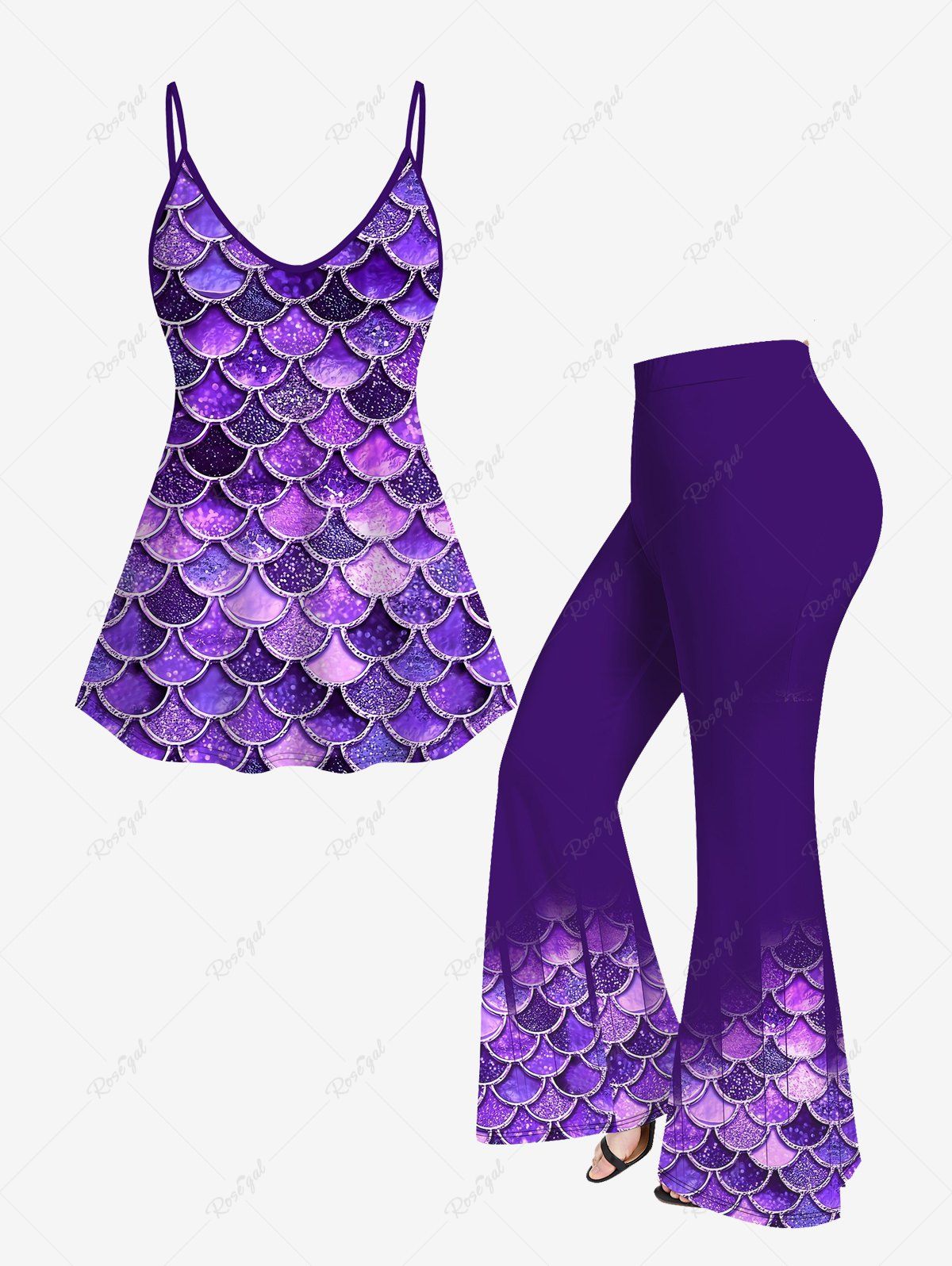 Latest Mermaid Print Costumes Glitter Cami Top(Adjustable Shoulder Strap) and Flare Pants Plus Size Disco 70s 80s Outfit  