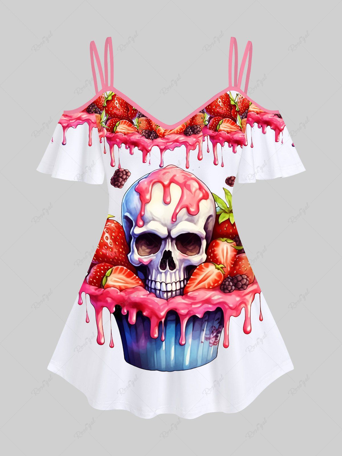 Best Gothic Skull Strawberry Bloody Print Cold Shoulder T-shirt  