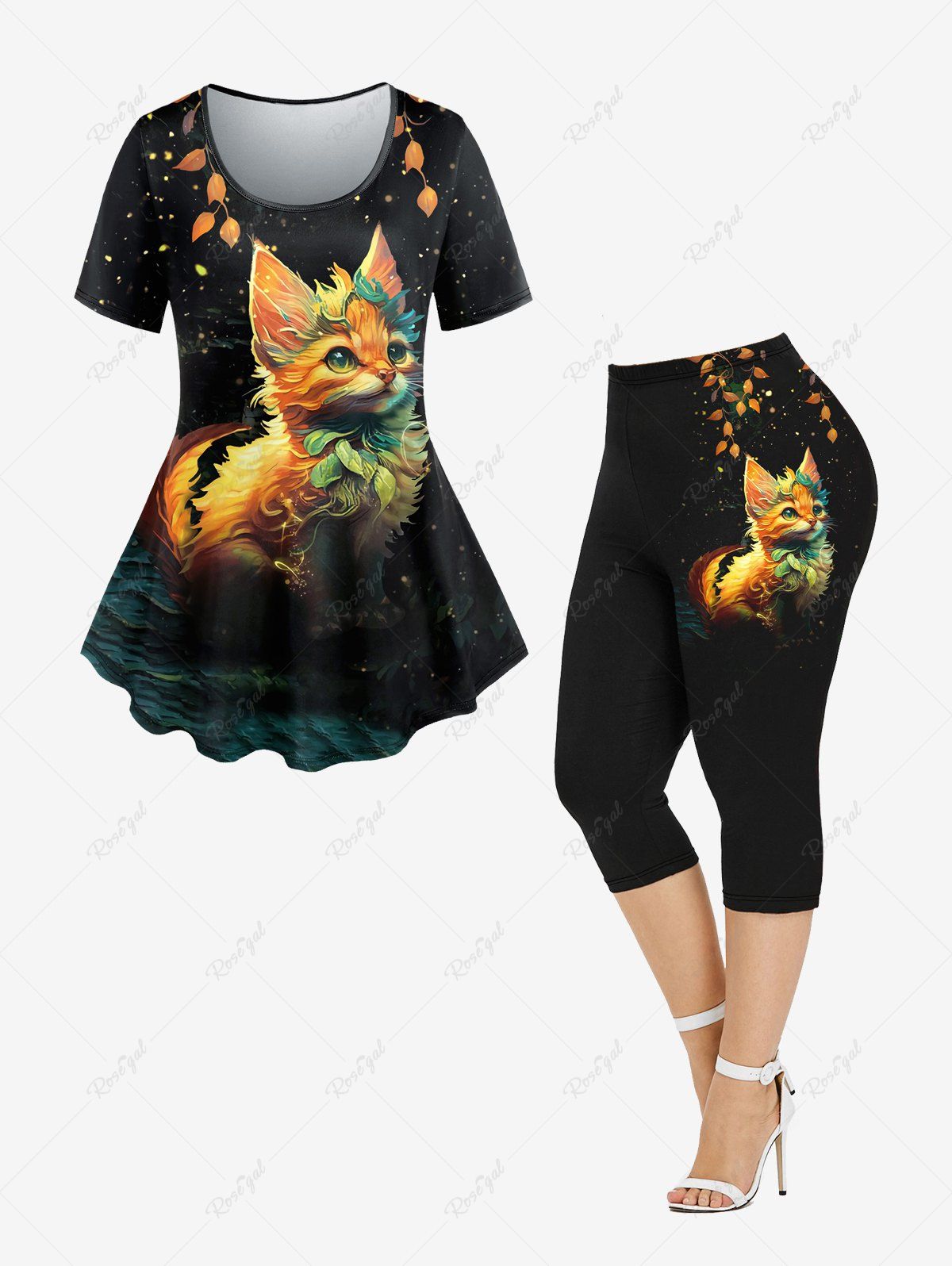 New Cat Leaf Glitter Print Short Sleeves T-shirt and Capri Leggings Plus Size Outfits  