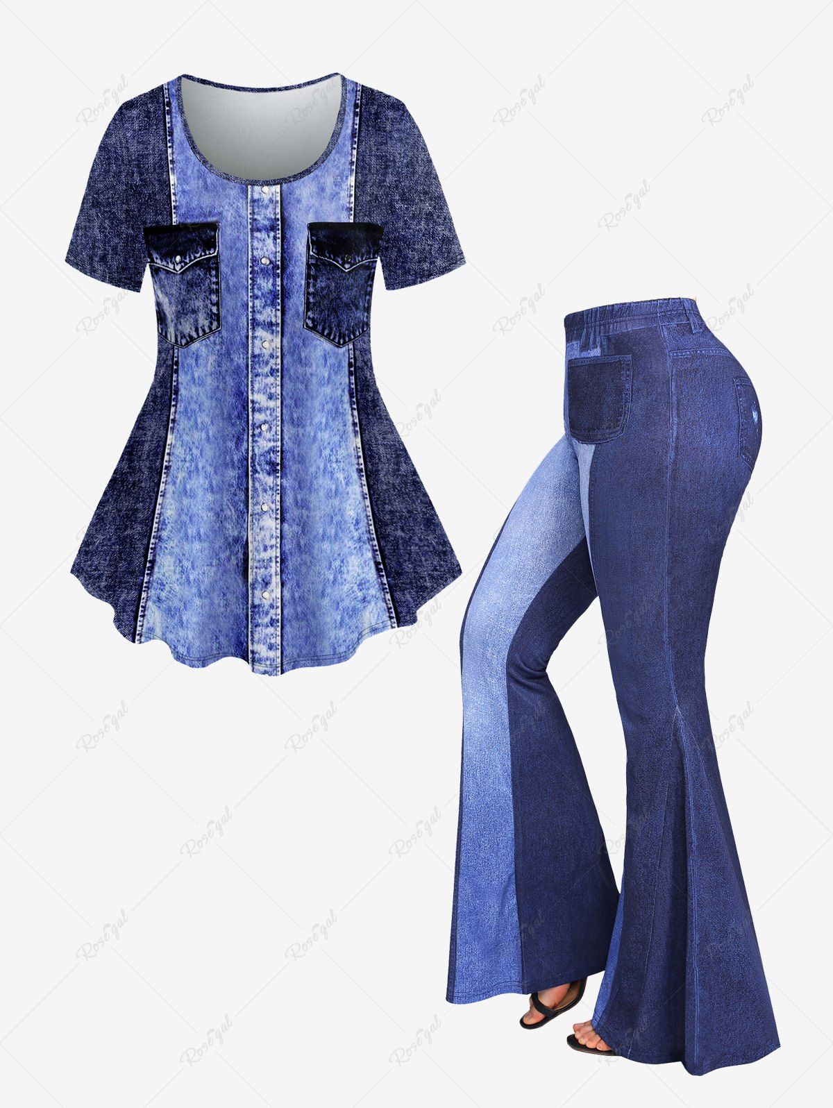 Outfits 3D Pockets Buttons Denim Print T-shirt and Flare Pants Plus Size 70s 80s Outfits  
