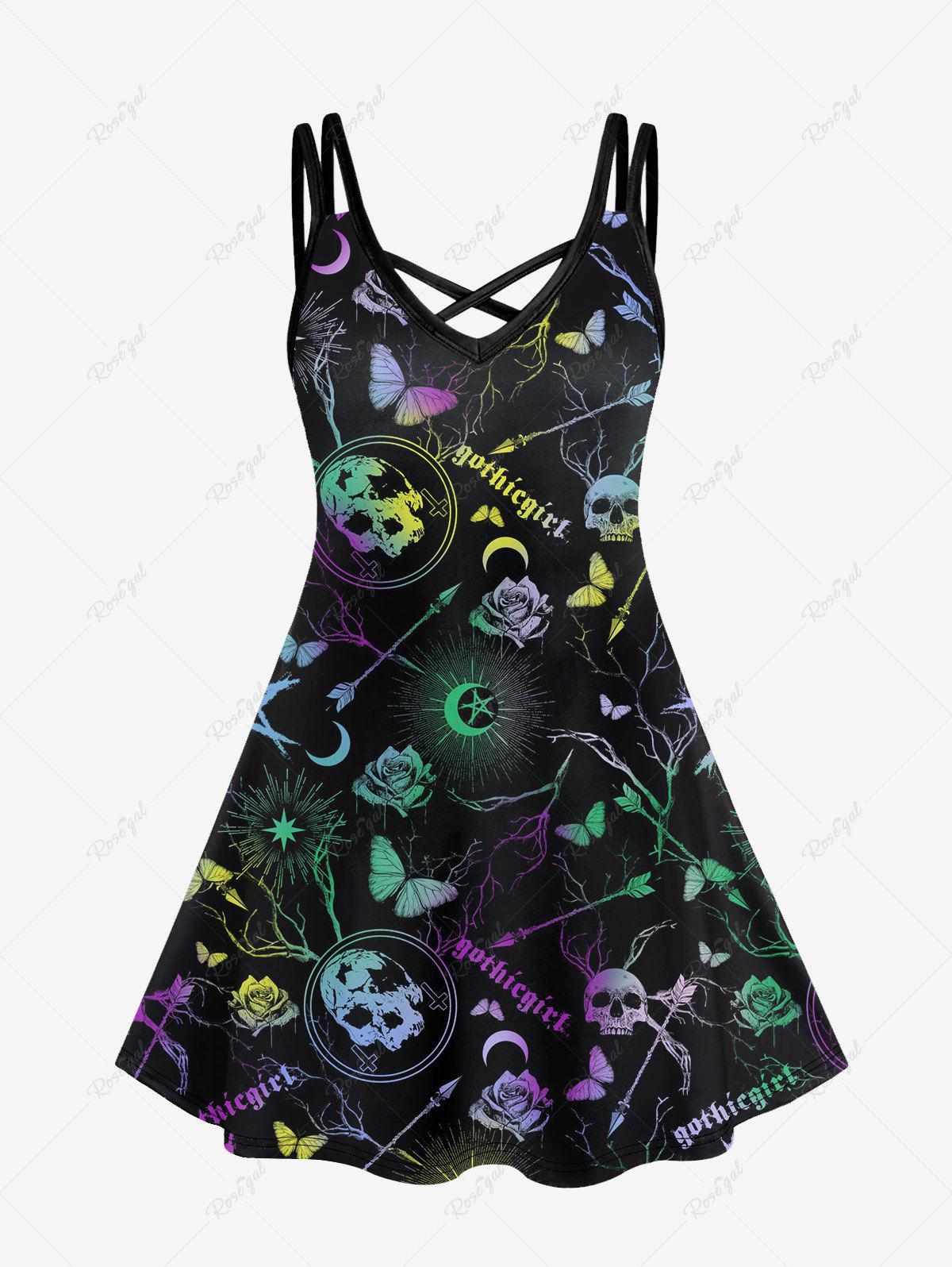 Chic Gothic Galaxy Skull Butterfly Flower Print Crisscross Cami Dress  