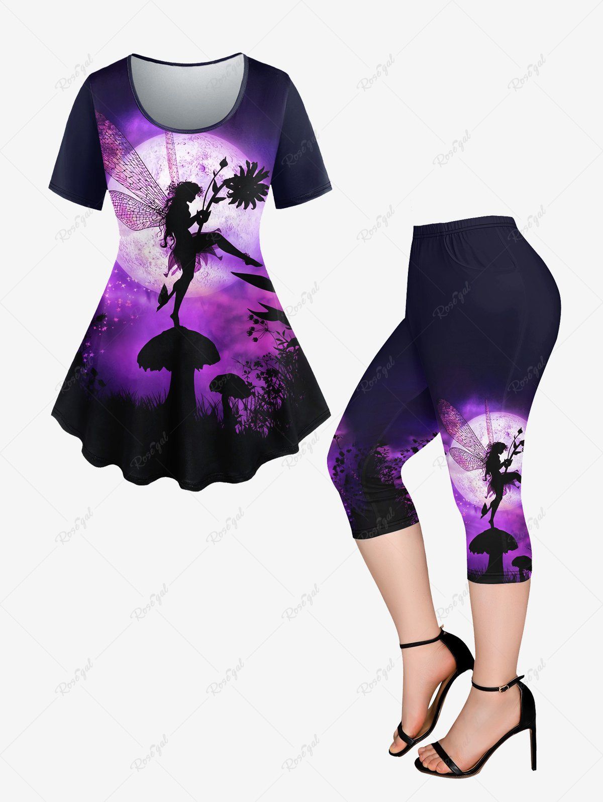 Best Galaxy Angel Moon Plant Print Short Sleeves T-shirt and Capri Leggings Plus Size Outfits  