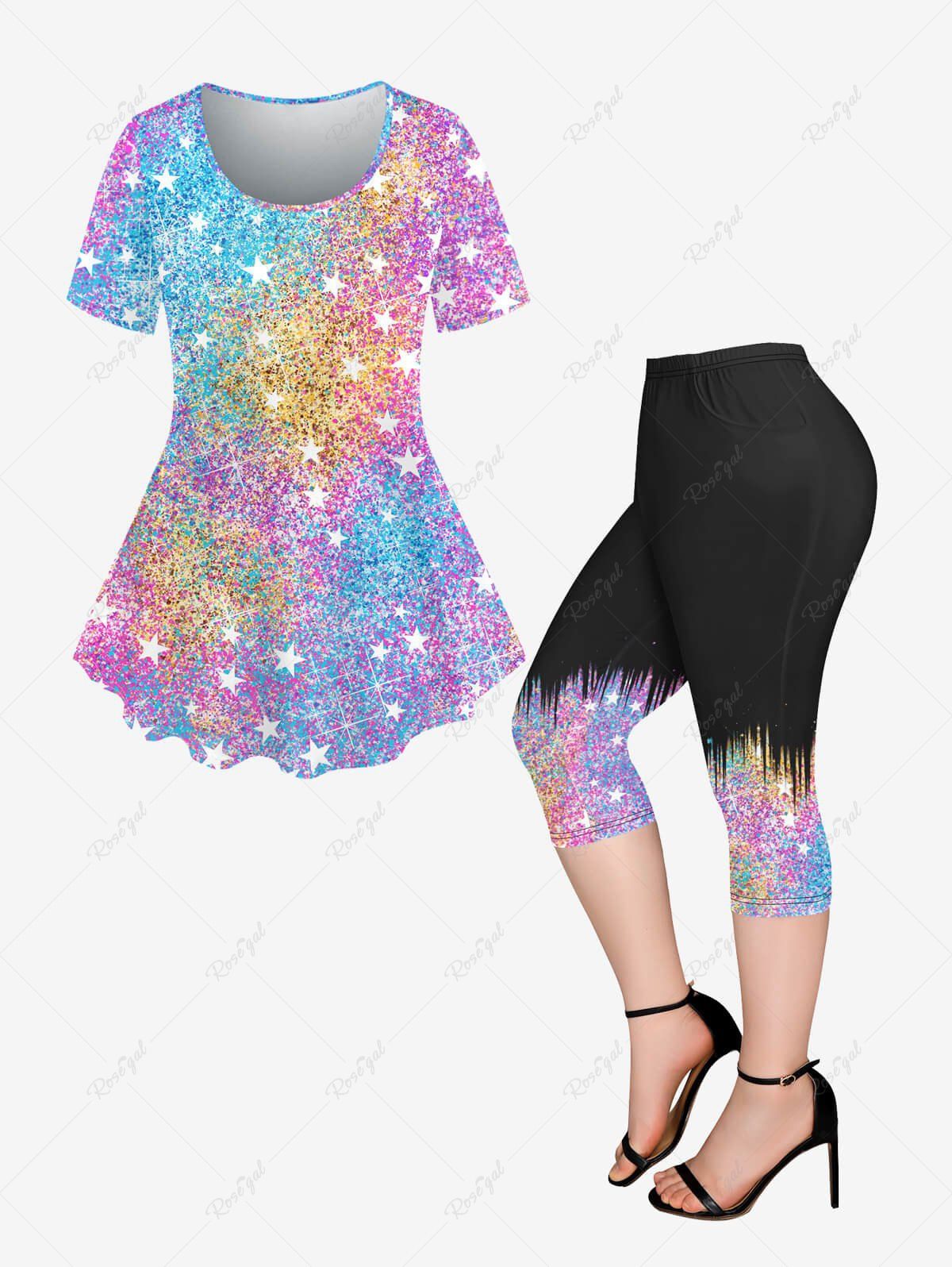 New Sparkling Sequin Stars Print T-shirt and Pockets Capri Leggings Plus Size Outfits  