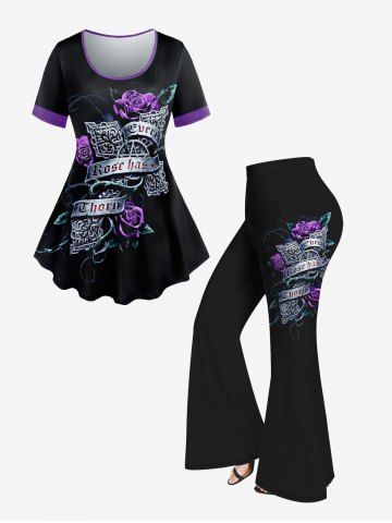 Floral Letter Printed Short Sleeves T-shirt and Flare Pants Plus Size Outfit - BLACK