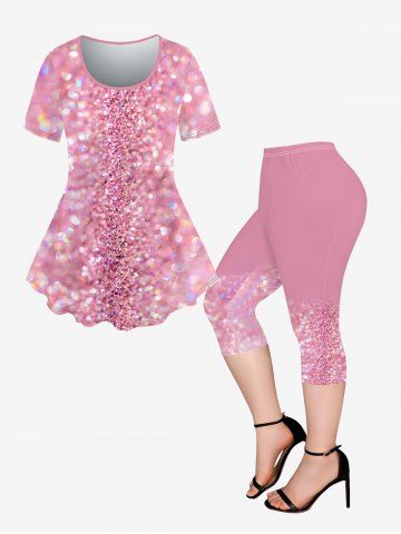 3D Sparkling Sequin Print T-shirt and Pockets Capri Leggings Plus Size Outfits - LIGHT PINK