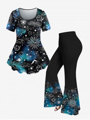 Galaxy Sun Star Cloud Print T-shirt and Flare Pants Plus Size 70s 80s Outfits - DEEP BLUE