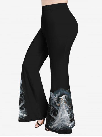 Plus Size Witch Cat Eagle Print Flare Pants - BLACK - XS