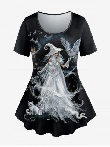 Plus Size Witch Eagle Cat Print Short Sleeves T-shirt - BLACK - M