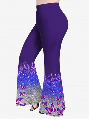 Pantalon Évasé à Imprimé Papillons Brillant et Dégradé 3D Grande-Taille - PURPLE - L