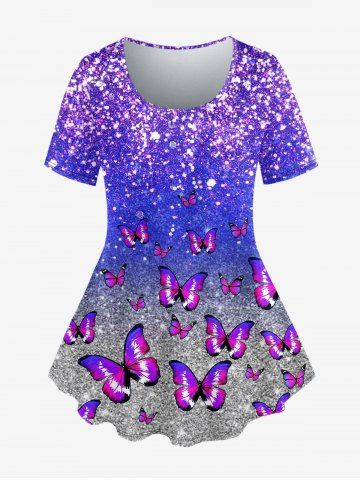Plus Size Butterfly 3D Sparkling Sequin Print T-shirt - PURPLE - S