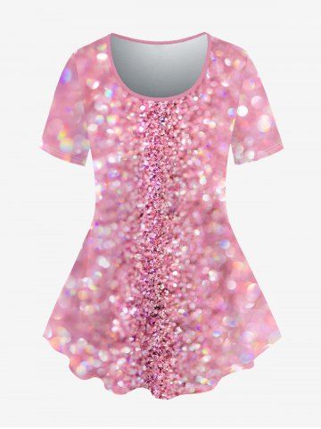 Plus Size 3D Sparkling Sequin Print T-shirt - LIGHT PINK - 1X
