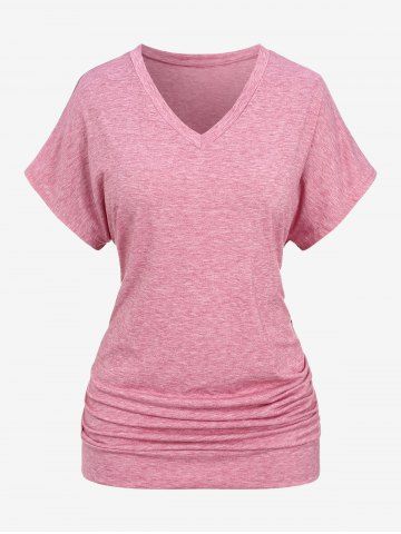 Plus Size Marled Ruched Buttons T-shirt - LIGHT PINK - XL