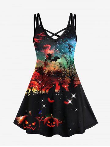 Gothic Pumpkin Cat Tree Bat Galaxy Print Crisscross Cami Dress - MULTI-A - XS