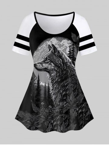 Gothic Wolf Tree Mountain Print Short Sleeves T-shirt - BLACK - 2X