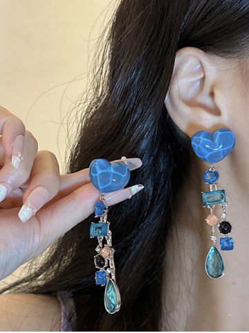 Vintage Heart Faux Gemstone Drop Earrings - BLUE