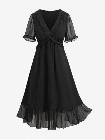 Plus Size Ruffles Lace Trim Sheer Dress - BLACK - L | US 12