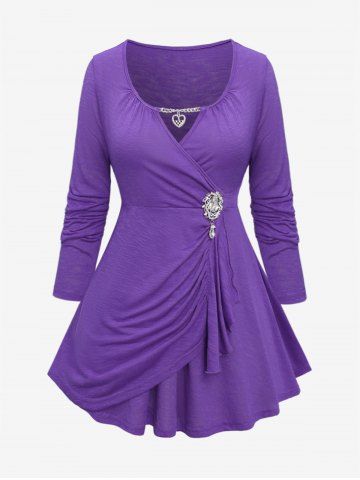 Plus Size Heart Chain Ruched Buckle Surpliced T-shirt - PURPLE - 3X | US 22-24