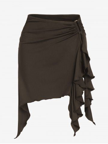 Flounces Metal Hardware Ruched Mini Skirt - DEEP COFFEE - S