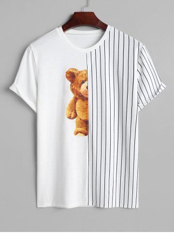 Men's Daily Casual Half and Half Pinstriped Bear Print Short Sleeve T Shirt - WHITE - L