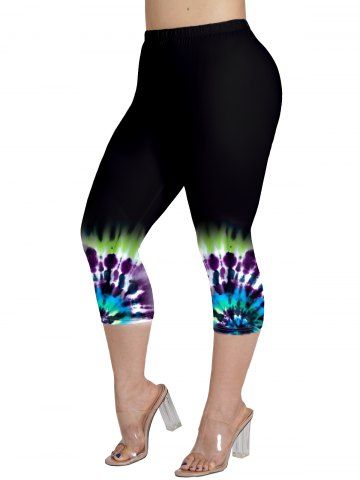 Plus Size Tie Dye Print Elastic Waist Casual Cropped Capri Leggings - MULTI-A - L