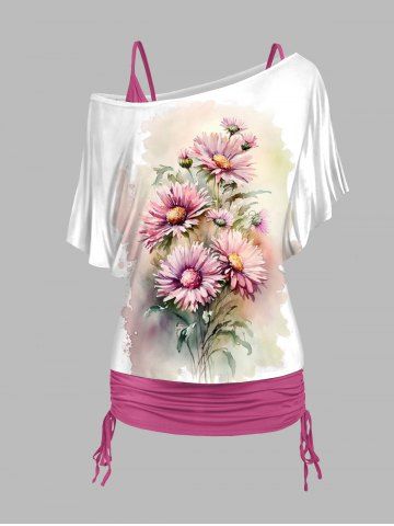 Plus Size Daisy Print Oblique Shoulder T Shirt and Cinched Ruched Camisole Set - LIGHT PINK - L