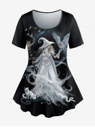 Plus Size Witch Eagle Cat Print Short Sleeves T-shirt -  