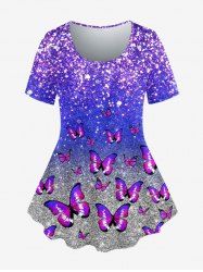Plus Size Butterfly 3D Sparkling Sequin Print T-shirt -  