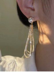 Long Style Faux Pearl Diamond Tassel Earrings -  