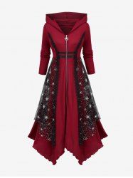 Plus Size Mesh Layered Lace Trim Handkerchief Zipper Hooded Coat - Rouge foncé M | US 10