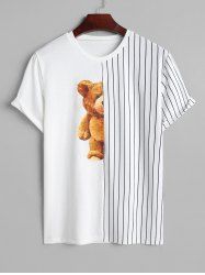 T-shirt à Rayure Fine et Ours à Demi-Manches Courtes - Blanc XL