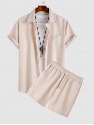 Solid Color Short Sleeves Shirt and Casual Shorts Two Pieces Set -  