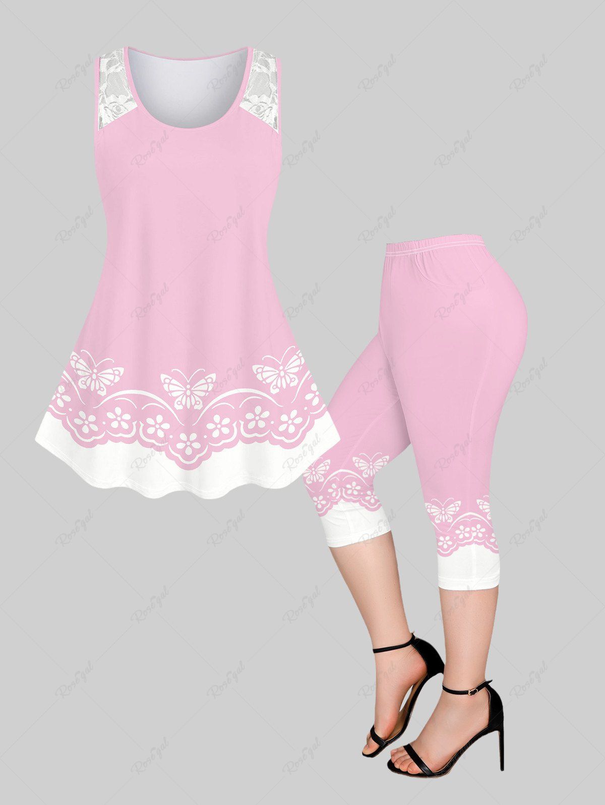 Unique Lace Insert Butterfly Flower Printed Tank Top and Pockets Capri Leggings Plus Size Matching Set  