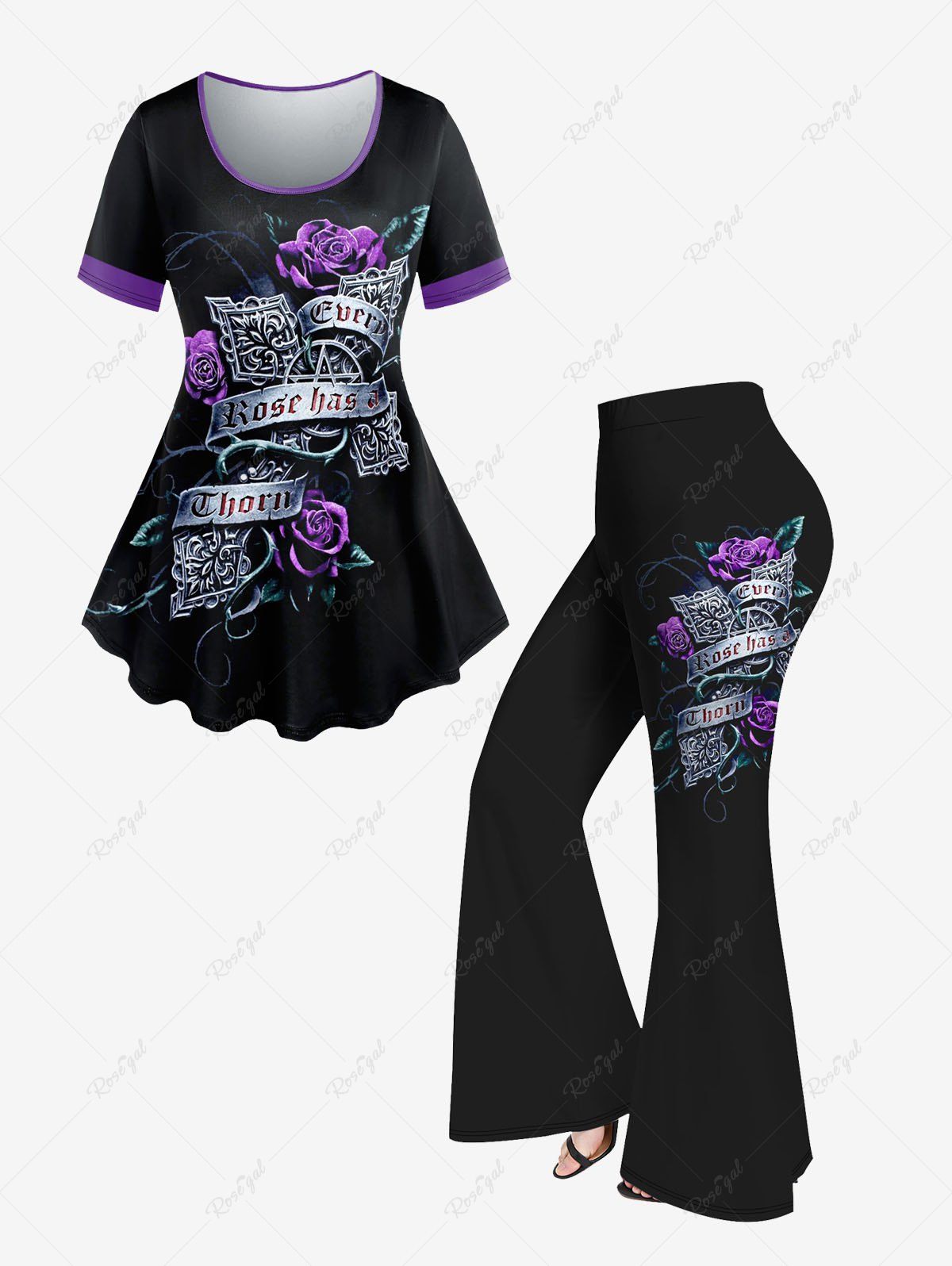 Outfits Floral Letter Printed Short Sleeves T-shirt and Flare Pants Plus Size Outfit  