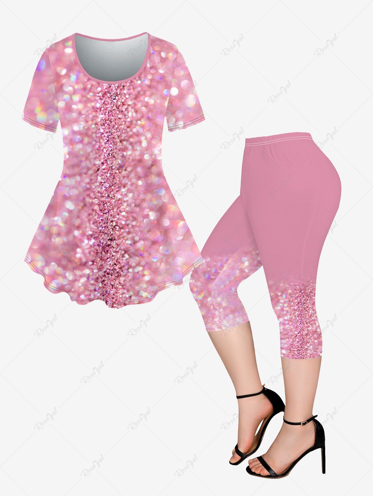 Shops 3D Sparkling Sequin Print T-shirt and Pockets Capri Leggings Plus Size Outfits  