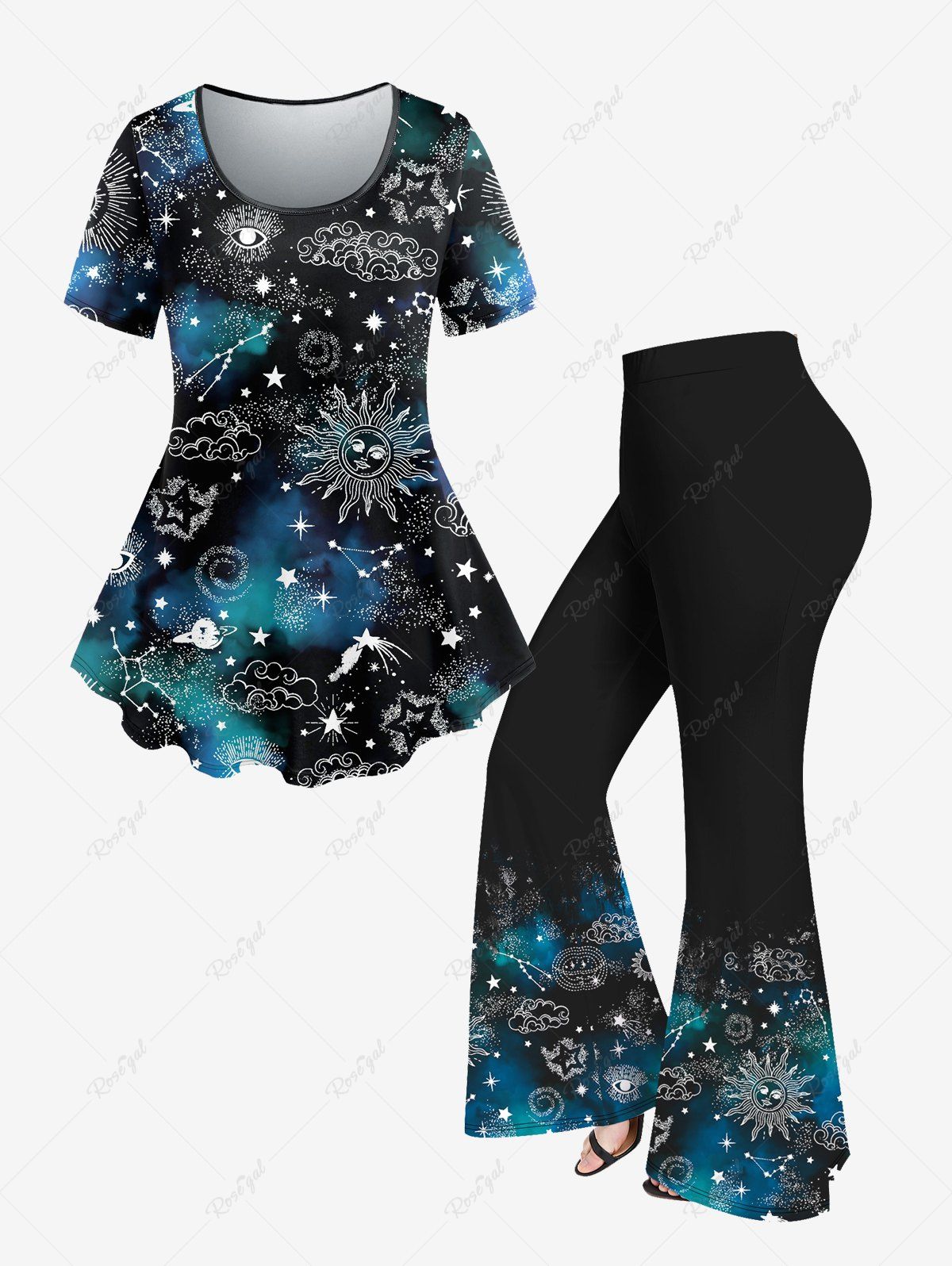Outfit Galaxy Sun Star Cloud Print T-shirt and Flare Pants Plus Size 70s 80s Outfits  
