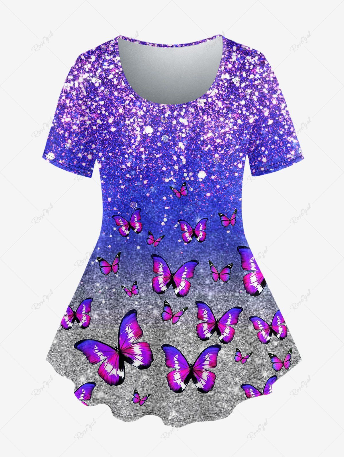 Cheap Plus Size Butterfly 3D Sparkling Sequin Print T-shirt  