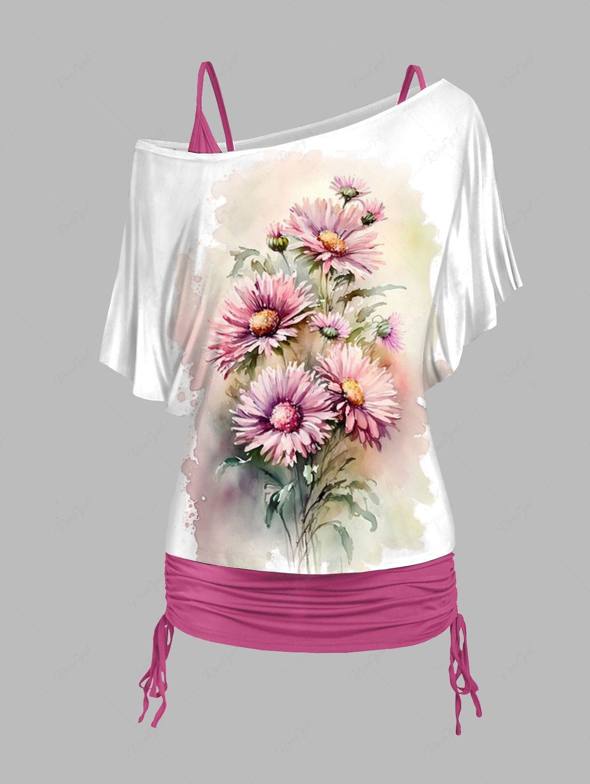 Online Plus Size Daisy Print Oblique Shoulder T Shirt and Cinched Ruched Camisole Set  